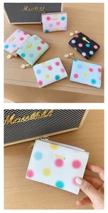 Detailed view of women's polka dot wallet featuring a heart pendant and gold chain zipper