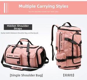 Detail showing hidden backpack straps and pink nylon convertible travel gym bag