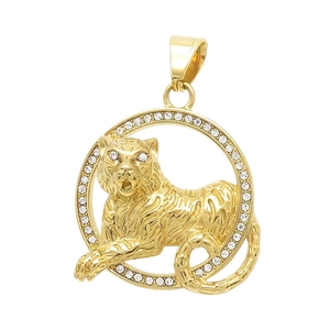 Hip hop gold tiger pendant with clear crystals and sparkling diamonds for men