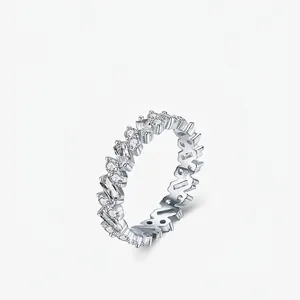 925 Sterling Silver Ring Round Baguette Cubic Zirconia Eternity Band Micro Pave Geometric Luxury Accessory For Women