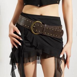 Ceinture Large En Similicuir Pour Femmes Vintage Punk Rivet Clouté Taille Avec Grande Boucle Ronde En Alliage