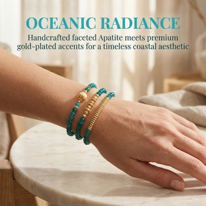 Detailed view of ocean-style apatite beaded bracelets with gold-plated textured accents