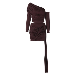 Detail of ruched deep purple knit two-piece set with long sleeve top and mini skirt