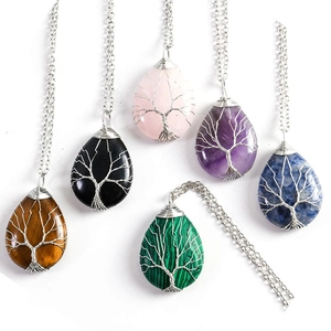 Tree Of Life Necklace Pendant Teardrop Crystal Natural Stone Wire Wrapped Copper Healing Bohemian Vintage Jewelry Women