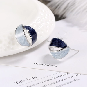 French style S925 silver earrings with dual-tone blue enamel wavy streamlined design