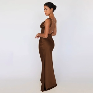 Elegant backless brown satin floor-length dress with luxury pearl chain detail