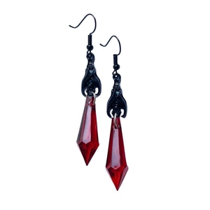 Gothic black bat earrings with red teardrop crystal charms on a clean white background