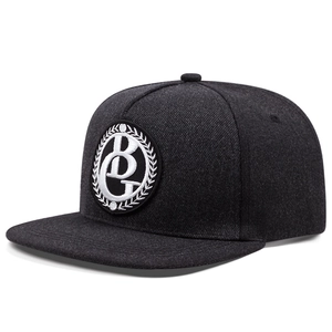 Flat brim snapback hat in dark grey with circular embroidery bge logo and laurel leaves
