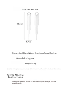Detail specifications of silver drop tassel earrings showing material and size measurements