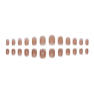 Short nude gradient press-on nails with white V-shape French tips and glossy finish