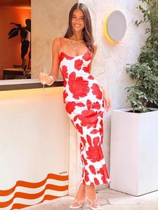 Sexy Floral Print Maxi Dress Backless Slip Dress Vacation Beach Long Dress Polyester Elastane For Women