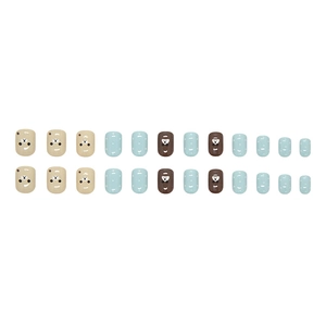 Cute brown bear and blue polka dot press-on nails set with 24 pieces for women