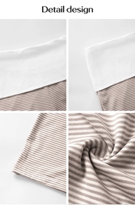 Detail view of brown and white striped knit fabric with waist stitching and sewing craftsmanship