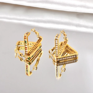 Detail of triangle 18K gold plated earrings featuring sparkling color and white zircons