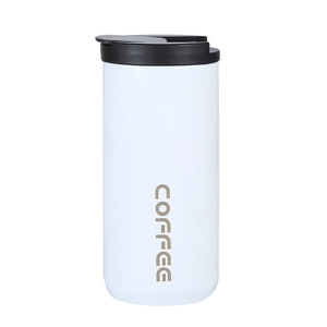 Minimalist white stainless steel coffee tumbler with black lid and vertical COFFEE text