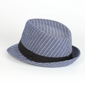 Close-up of blue and white striped cotton fabric texture with a black ribbon band