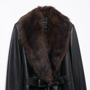 Women's black leather coat with a detachable deep brown faux fur collar detail
