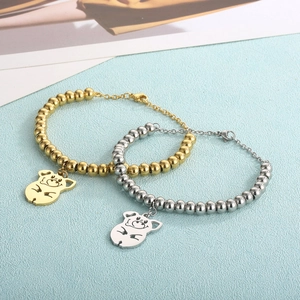 Minimalist 18K gold and silver stainless steel bead bracelets with cute pig charms