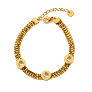 Golden woven Cuban snake chain bracelet with sparkling zircon and Roman numeral charms