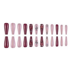 24pcs Purple and Deep Red Coffin Press-on Nails with Rhinestones and Art Patterns