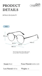 Detailed size chart of round metal magnetic glasses showing frame and lens dimensions