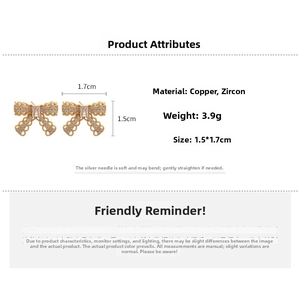 Detail showing gold-plated bow earrings with cubic zirconia, 1.5cm by 1.7cm size specs