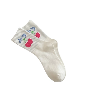 White cotton crew socks for women featuring cute pink cherry and blue text embroidery