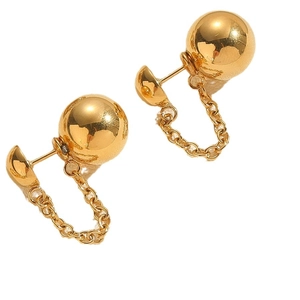 18K gold plated titanium steel C-shaped earrings with tassel chain and polished gold balls