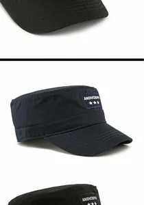 Detail view of cotton twill military flat top caps with ANDVODPH patch in black and navy