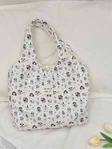White canvas tote bag with colorful cartoon dog print and sozakka beaute label