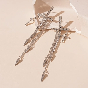 Silver rhinestone cross tassel earrings with long chain fringe and cone pendants