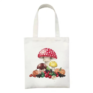 Weiße Canvas-Einkaufstasche mit künstlerischem Herbst-Pilz- und Kürbis-Botanika-Druck