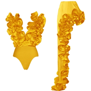 Detail of golden V-neck ruffle swimwear set with a long spiral satin accessory piece