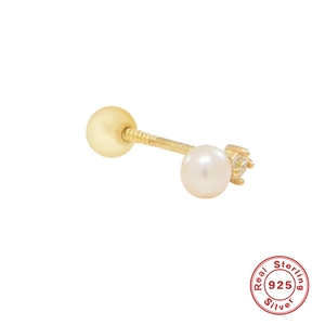 S925 sterling silver gold ear stud with double white pearls and a sparkling zircon stone