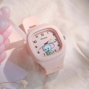Pink silicone watch for kids featuring a cute cartoon elephant pattern on square dial