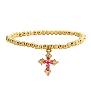 Elegant gold plated bead bracelet with a pink and white zircon cross pendant for women