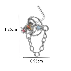 L-shaped titanium nose stud with dangling moon and star charm featuring red and blue stones