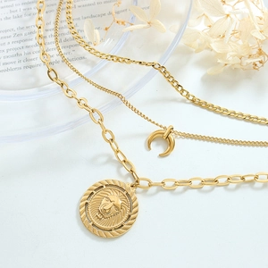 Three-layer 18K gold plated necklace set with crescent moon and lion head coin pendants