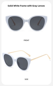 Front and side view of white cat-eye sunglasses with gold metal temples and gray lenses