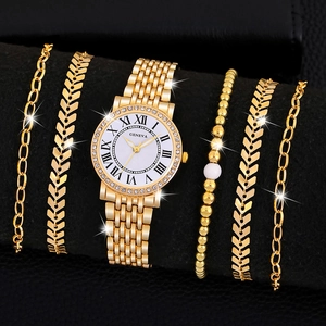 Women Fashion Gold Alloy Quartz Watch With Rhinestone Roman Numeral Dial Plus Bracelet Jewelry Gift Elegant Ladies Accessory