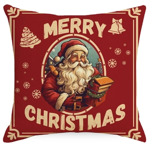 Vintage red Christmas throw pillow cover with Merry Christmas text and linen texture