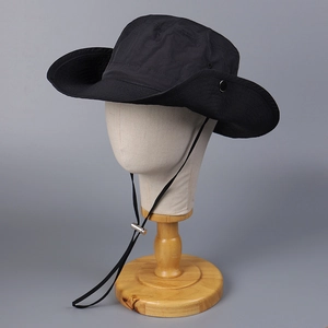 Detail of black quick-dry sun hat with snap brim and adjustable chin strap