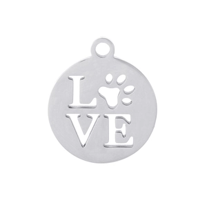 Detail macro view of silver titanium steel circular pendant with hollow LOVE and dog paw design
