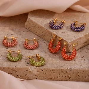 Close-up of 18K gold-plated U-shaped earrings with vibrant multicolor zircon crystals