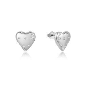 Macro view of S925 sterling silver heart stud earrings with cubic zirconia stones