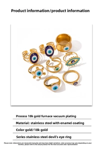 Detailed set of 18k gold plated evil eye rings with colorful enamel on white background