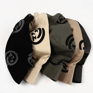Five assorted colors of cotton twill smiley face print bucket hats for sun protection