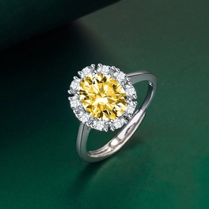 Detailed macro shot of oval yellow gemstone ring with pavé diamond halo in silver