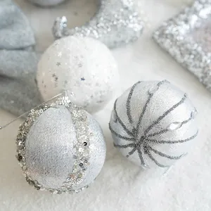 Set of 8-10cm silver Christmas ball ornaments with sequins and embroidery for tree decor