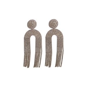 Elegant silver U-shaped tassel drop earrings with sparkling rhinestones for women